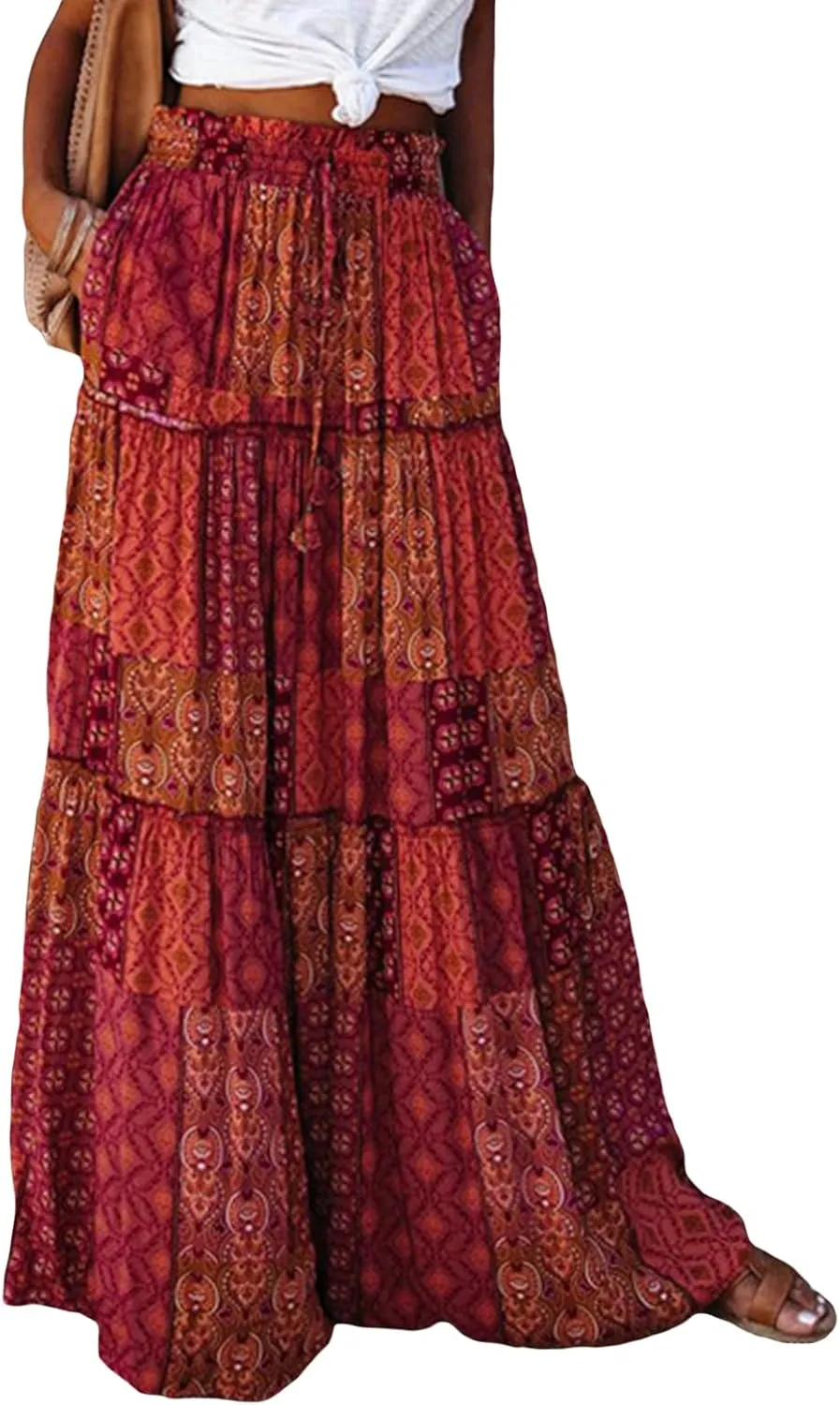 Women Bohemian Maxi Skirts Vintage Elastic High Waist A-Line Skirts Tiered Long Flowy Skirts with Pockets
