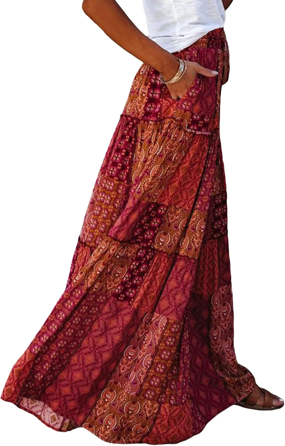 Women Bohemian Maxi Skirts Vintage Elastic High Waist A-Line Skirts Tiered Long Flowy Skirts with Pockets