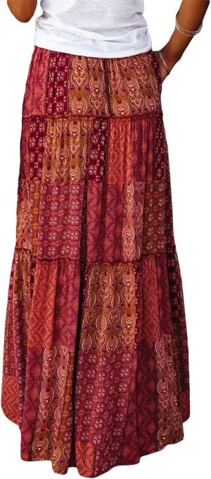 Women Bohemian Maxi Skirts Vintage Elastic High Waist A-Line Skirts Tiered Long Flowy Skirts with Pockets