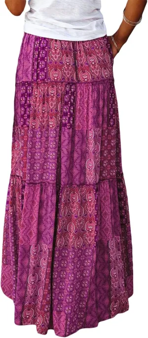 Women Bohemian Maxi Skirts Vintage Elastic High Waist A-Line Skirts Tiered Long Flowy Skirts with Pockets