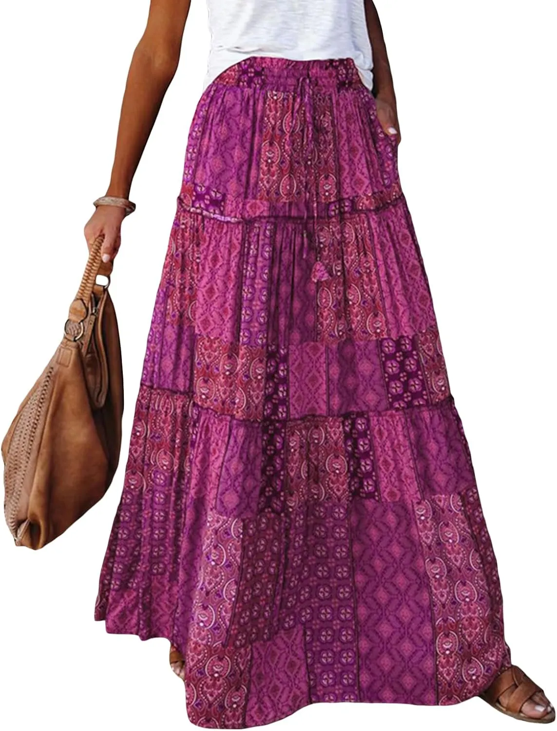 Women Bohemian Maxi Skirts Vintage Elastic High Waist A-Line Skirts Tiered Long Flowy Skirts with Pockets
