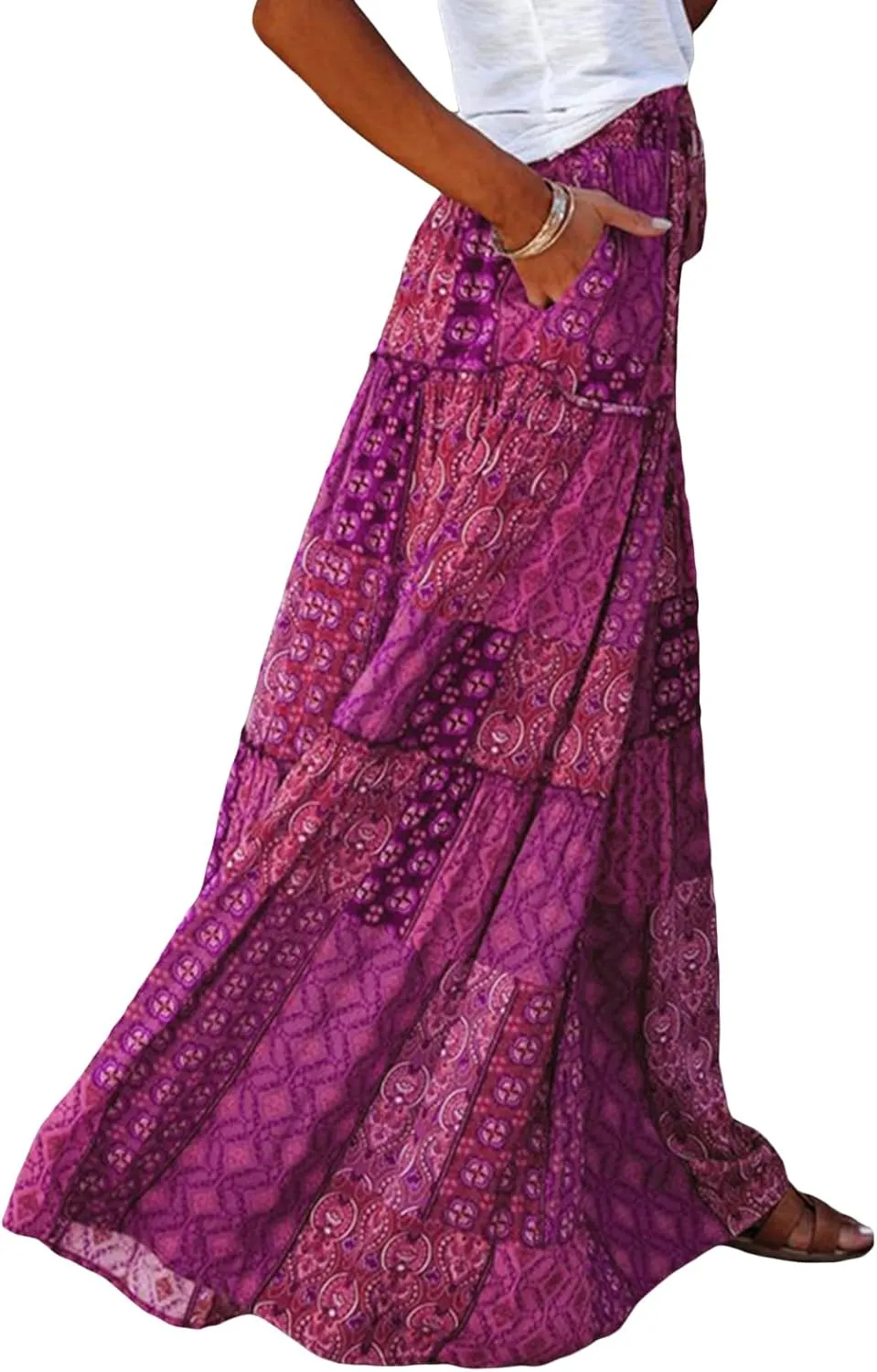 Women Bohemian Maxi Skirts Vintage Elastic High Waist A-Line Skirts Tiered Long Flowy Skirts with Pockets