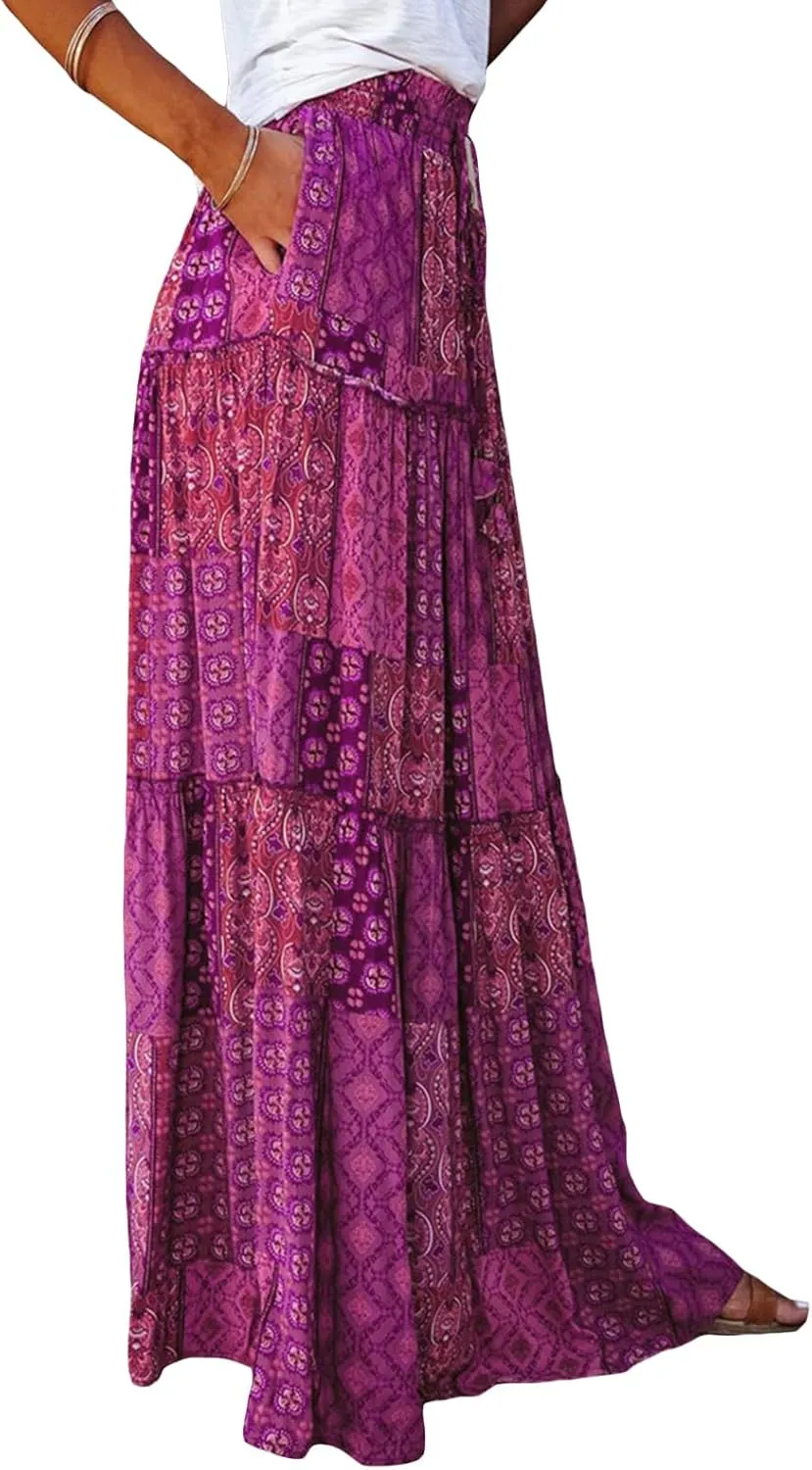 Women Bohemian Maxi Skirts Vintage Elastic High Waist A-Line Skirts Tiered Long Flowy Skirts with Pockets
