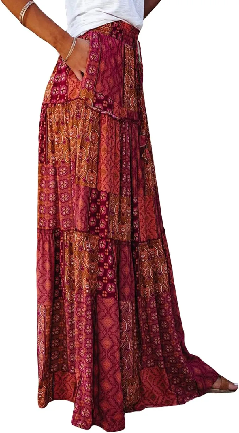 Women Bohemian Maxi Skirts Vintage Elastic High Waist A-Line Skirts Tiered Long Flowy Skirts with Pockets