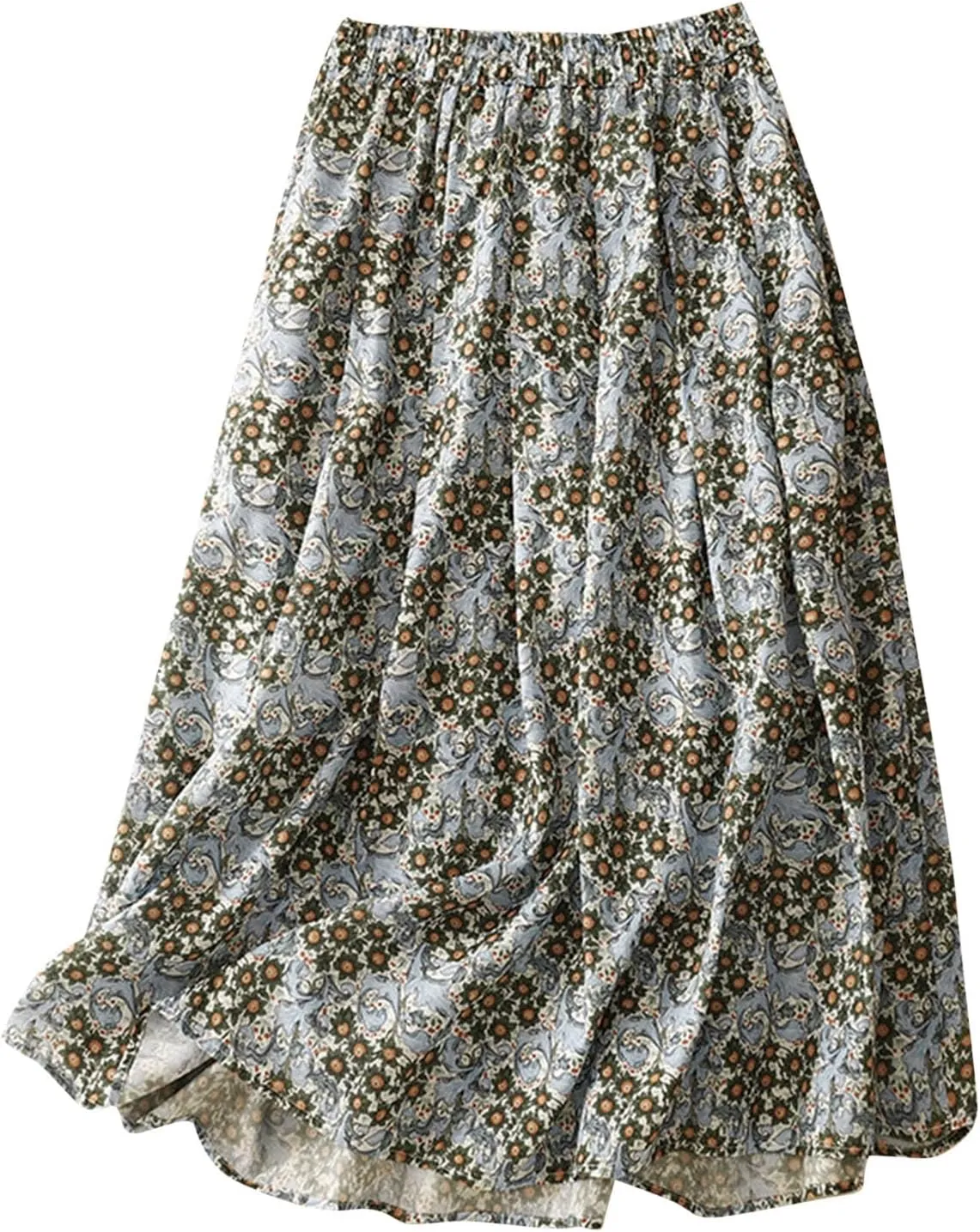 Women Boho Floral A-Line Skirt Summer Flowy Pleated Midi Skirts Elastic High Waisted Casual Vacation Beach Skirt