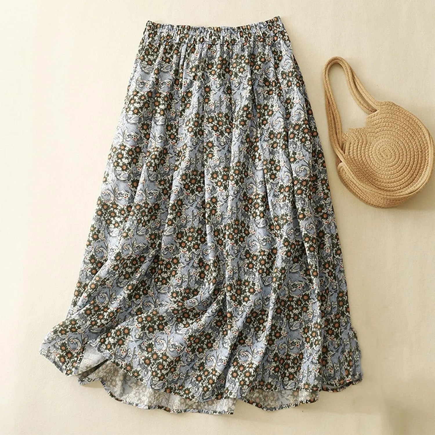 Women Boho Floral A-Line Skirt Summer Flowy Pleated Midi Skirts Elastic High Waisted Casual Vacation Beach Skirt