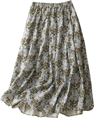Women Boho Floral A-Line Skirt Summer Flowy Pleated Midi Skirts Elastic High Waisted Casual Vacation Beach Skirt