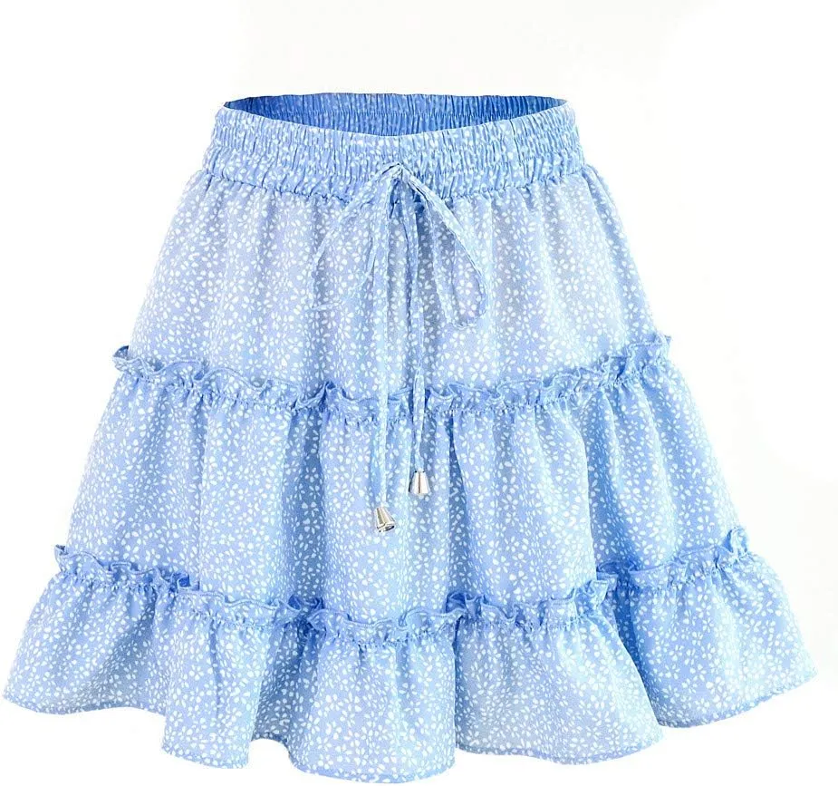 Women Boho Print Mini Skirt Summer Layered Frill Flowy A-Line Skirts Drawstring High Waisted Casual Cute Beach Skirt