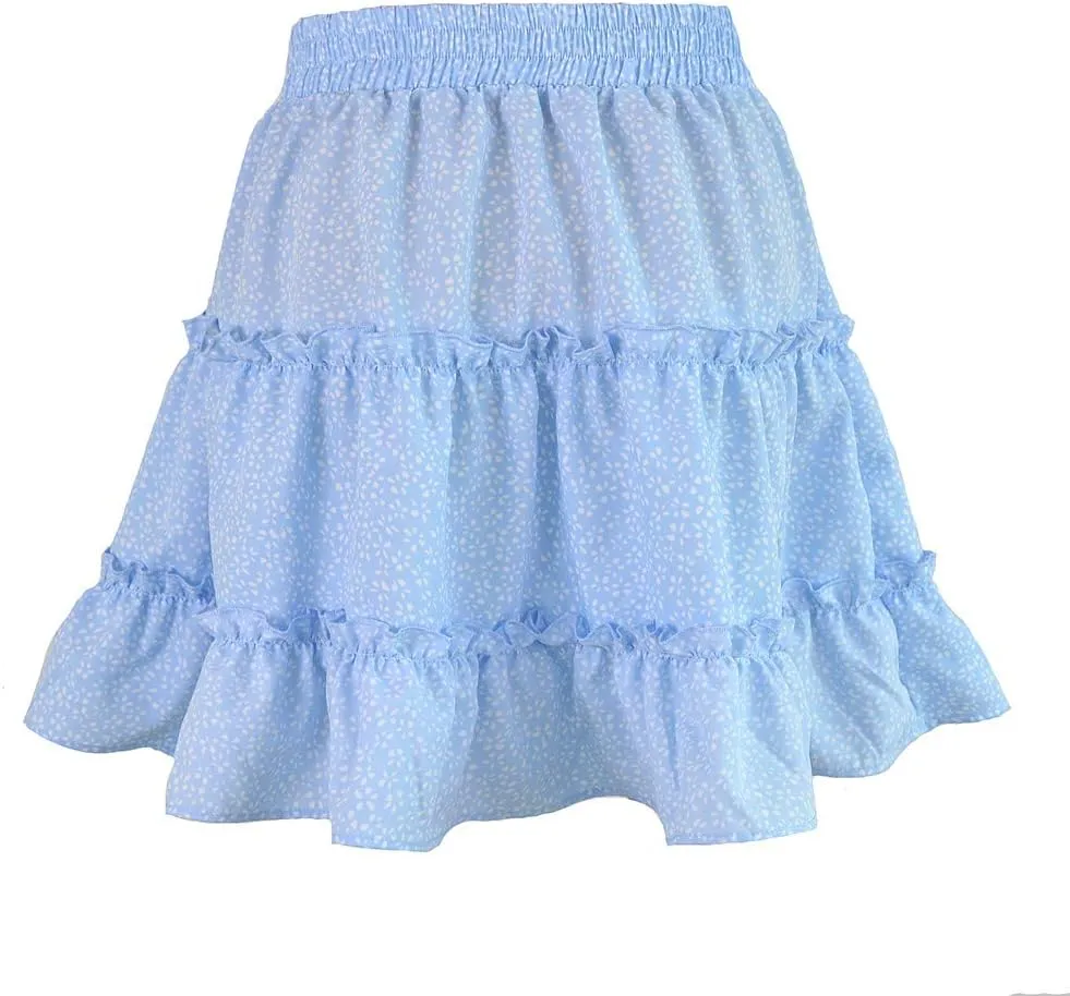 Women Boho Print Mini Skirt Summer Layered Frill Flowy A-Line Skirts Drawstring High Waisted Casual Cute Beach Skirt