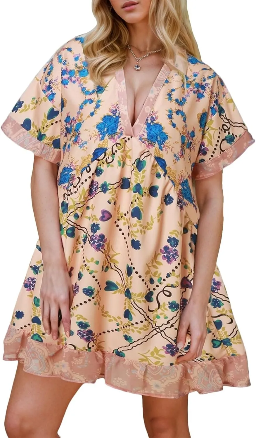 Women Boho Summer Dresses Y2K Babydoll Flowy Dress Ruffle Mini Dress Deep V-Neck Casual Floral Sundress 2025 Clothes