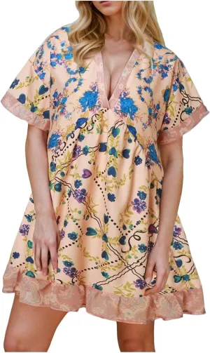 Women Boho Summer Dresses Y2K Babydoll Flowy Dress Ruffle Mini Dress Deep V-Neck Casual Floral Sundress 2025 Clothes