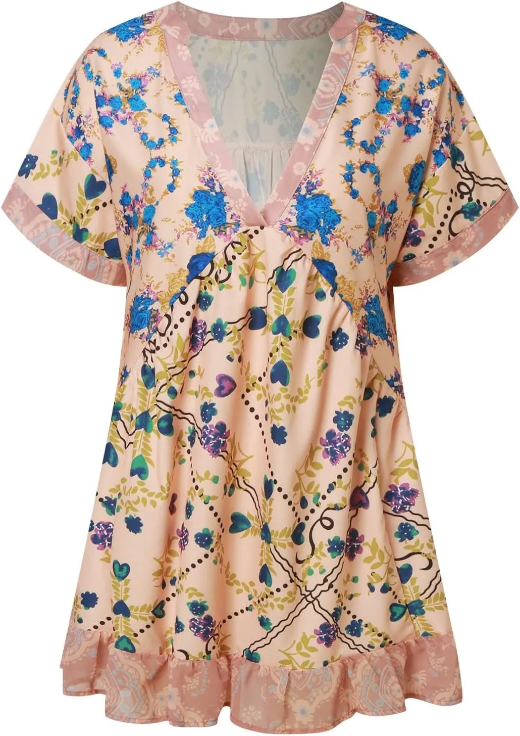 Women Boho Summer Dresses Y2K Babydoll Flowy Dress Ruffle Mini Dress Deep V-Neck Casual Floral Sundress 2025 Clothes