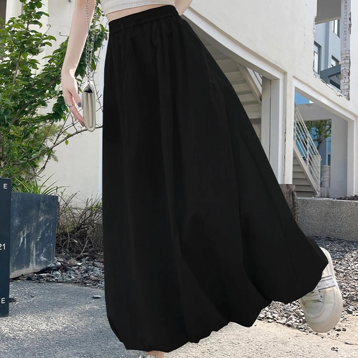 Women Bubble Maxi Skirt Elastic Waist Pleated Puff Long Skirts Solid Color A Line Y2k Dress Flowy Summer Boho Clothes
