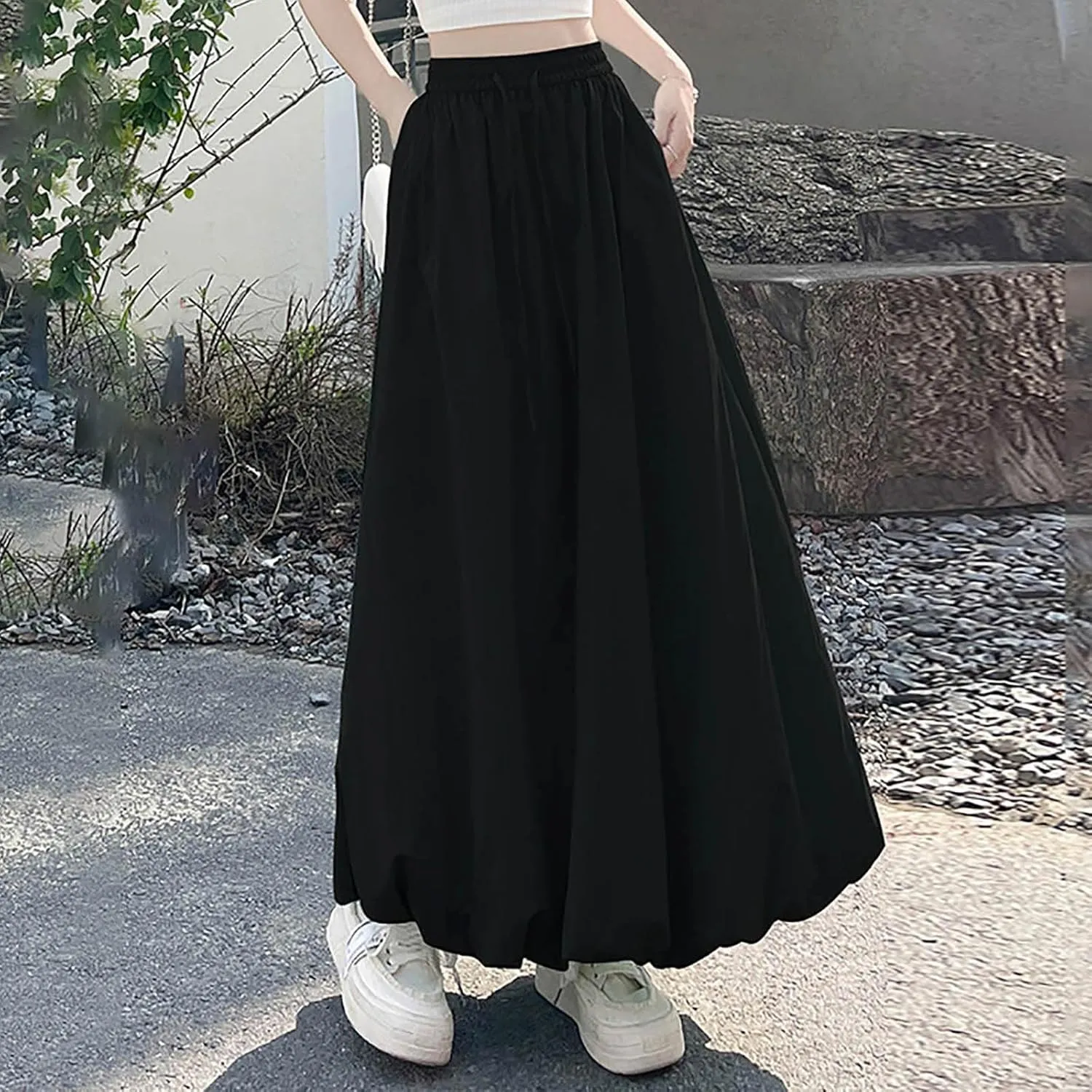 Women Bubble Maxi Skirt Elastic Waist Pleated Puff Long Skirts Solid Color A Line Y2k Dress Flowy Summer Boho Clothes