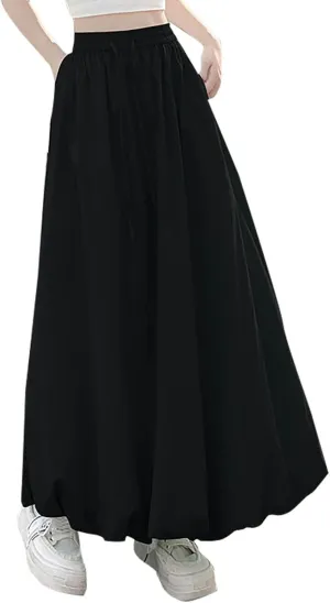 Women Bubble Maxi Skirt Elastic Waist Pleated Puff Long Skirts Solid Color A Line Y2k Dress Flowy Summer Boho Clothes