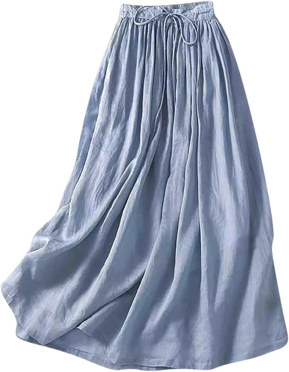 Women Casual Cotton Linen Skirts Baggy Frill Tie Waist A-Line Midi Skirt Summer Fashion Going Out Daily Skirts