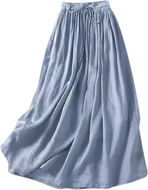 Women Casual Cotton Linen Skirts Baggy Frill Tie Waist A-Line Midi Skirt Summer Fashion Going Out Daily Skirts