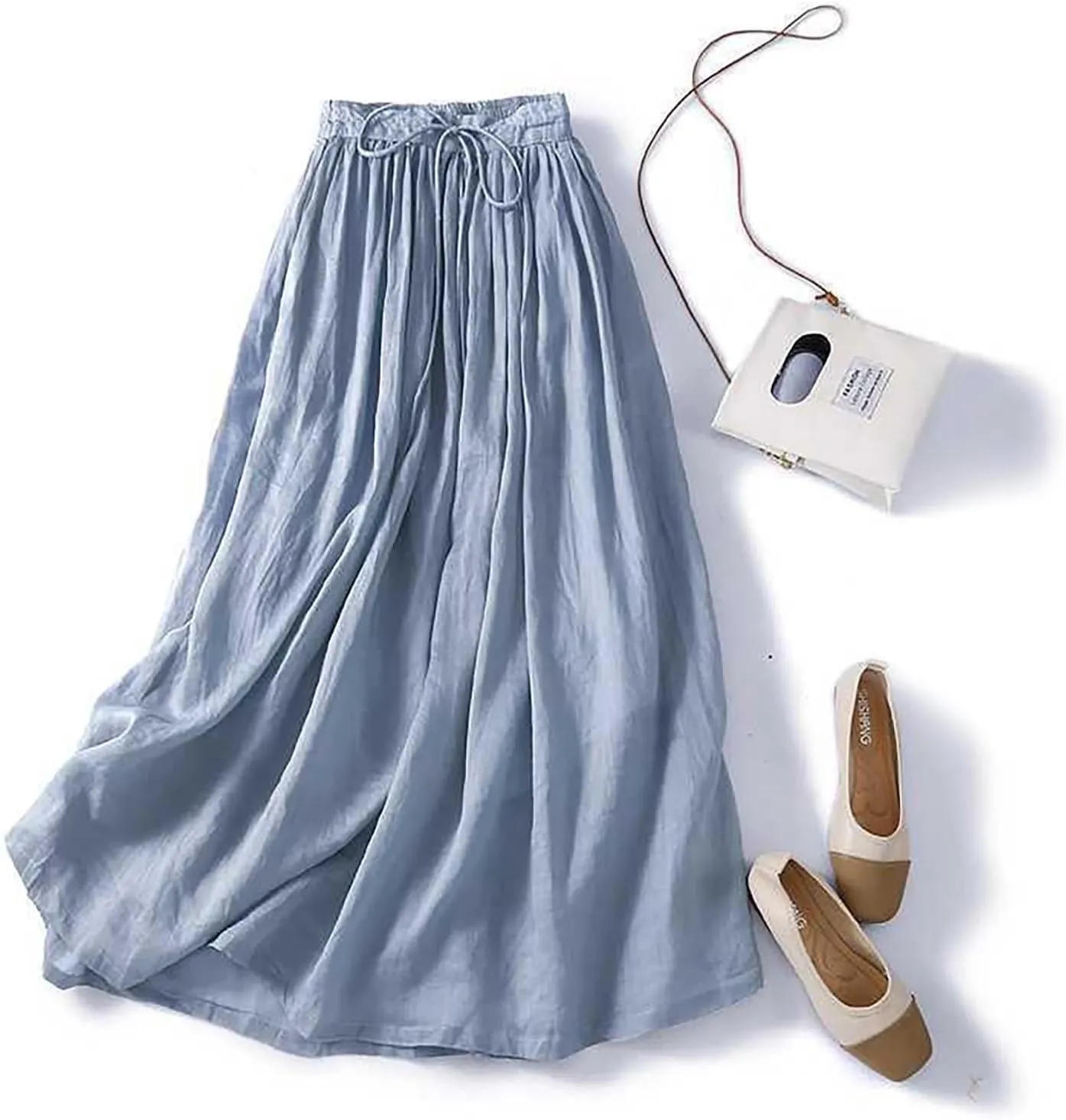 Women Casual Cotton Linen Skirts Baggy Frill Tie Waist A-Line Midi Skirt Summer Fashion Going Out Daily Skirts
