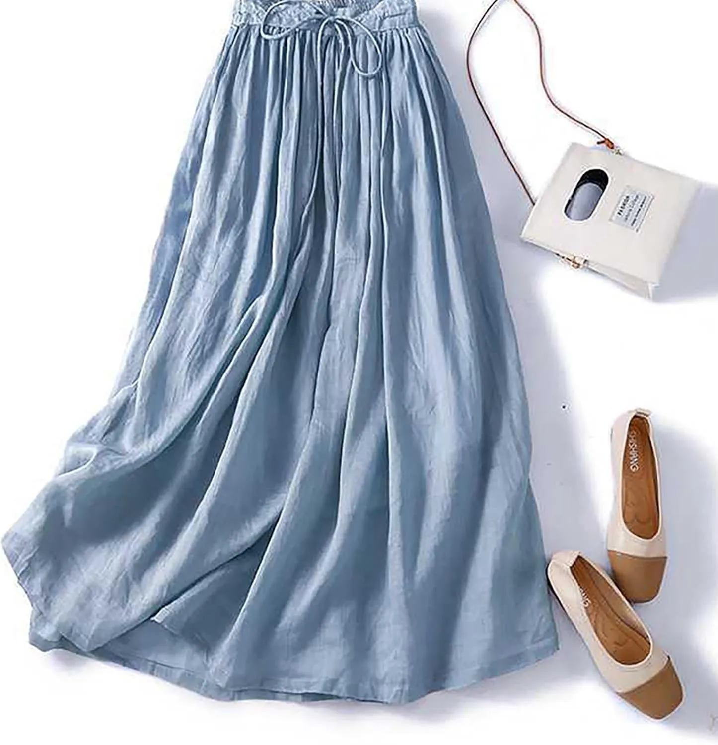 Women Casual Cotton Linen Skirts Baggy Frill Tie Waist A-Line Midi Skirt Summer Fashion Going Out Daily Skirts