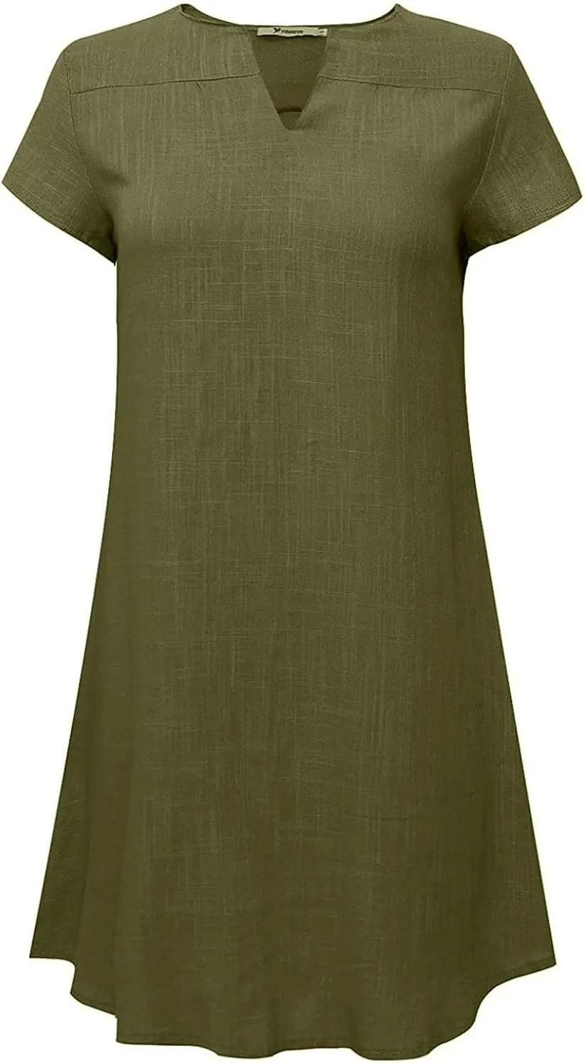 Women Casual Dresses 2025 Ladies Summer Solid Cotton Linen Dress Short Sleeve V-Neck Dress Plus Size Mid-Calf Sundress