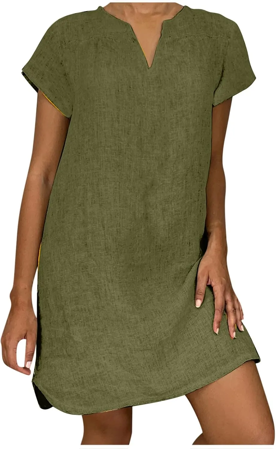 Women Casual Dresses 2025 Ladies Summer Solid Cotton Linen Dress Short Sleeve V-Neck Dress Plus Size Mid-Calf Sundress
