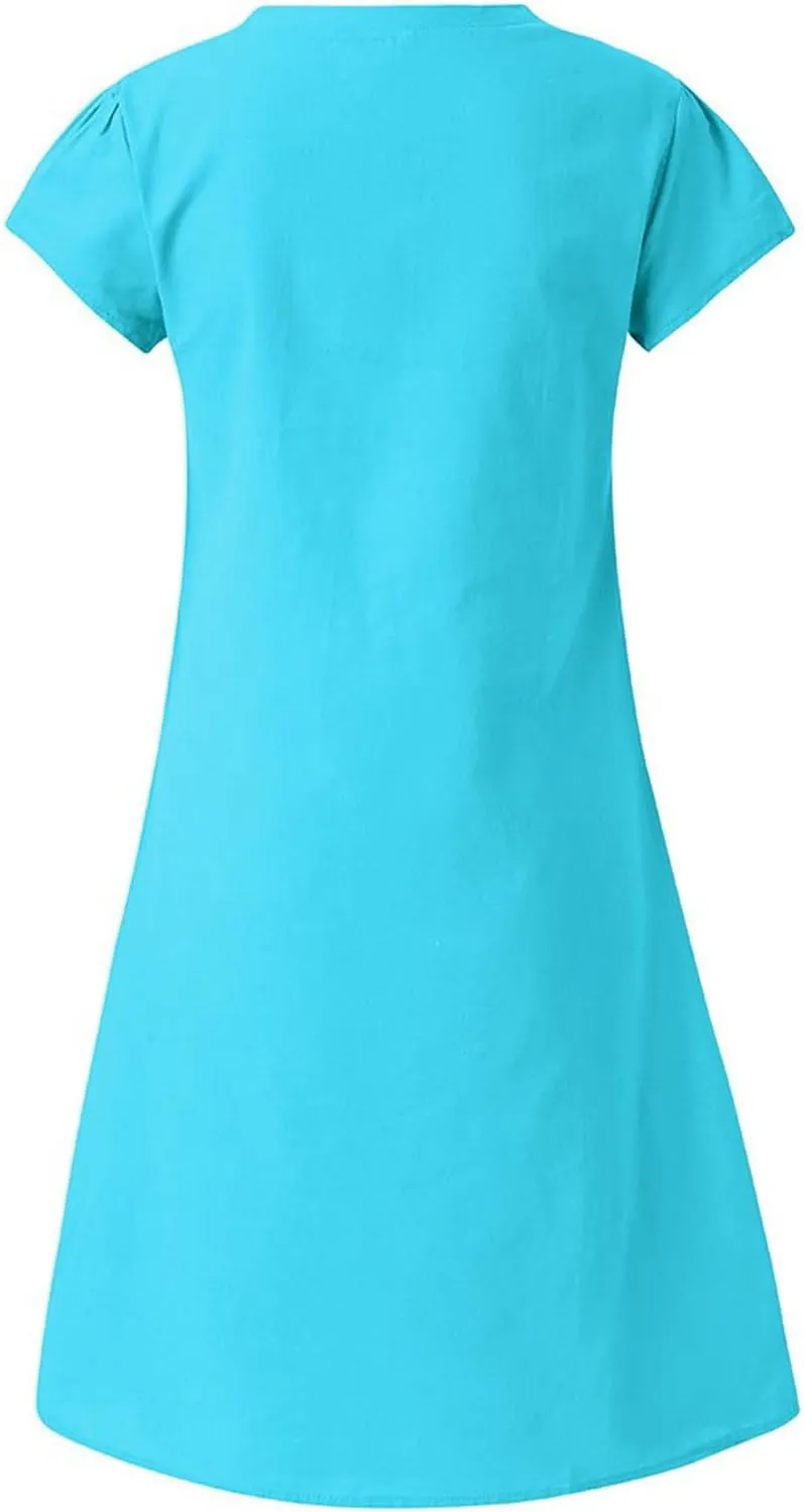 Women Casual Dresses 2025 Ladies Summer Solid Cotton Linen Dress Short Sleeve V-Neck Dress Plus Size Mid-Calf Sundress