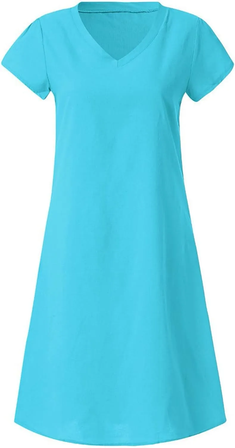Women Casual Dresses 2025 Ladies Summer Solid Cotton Linen Dress Short Sleeve V-Neck Dress Plus Size Mid-Calf Sundress
