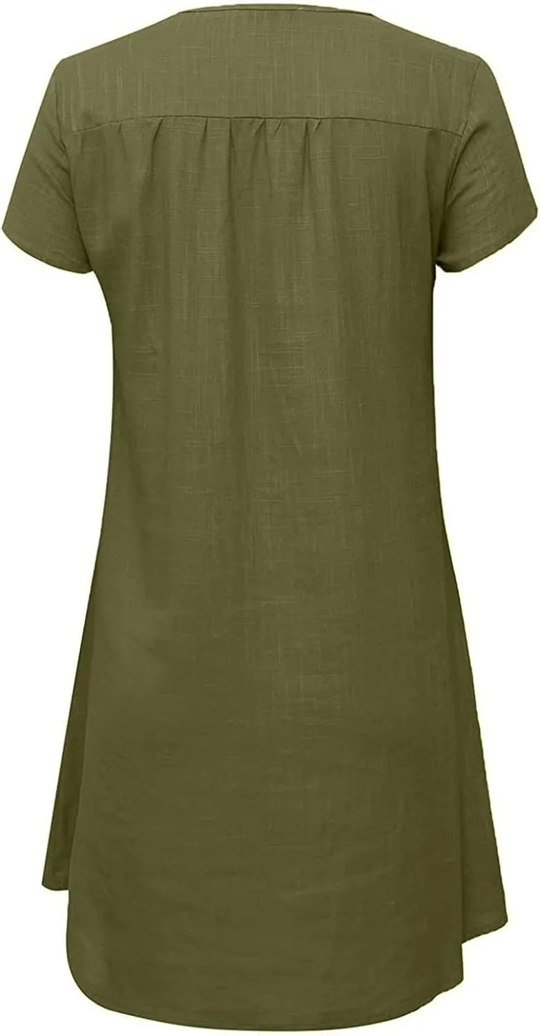 Women Casual Dresses 2025 Ladies Summer Solid Cotton Linen Dress Short Sleeve V-Neck Dress Plus Size Mid-Calf Sundress