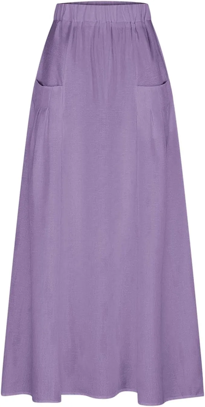 Women Casual Elastic High Waist Long Maxi Skirts Stretch Lightweight Plus Size Knee Length Skirt Summer Beach Dress