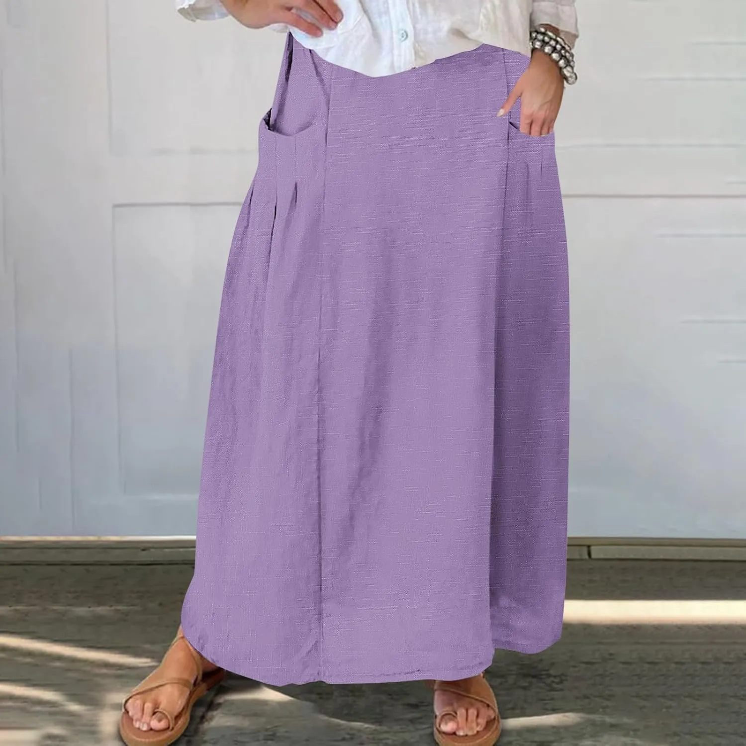 Women Casual Elastic High Waist Long Maxi Skirts Stretch Lightweight Plus Size Knee Length Skirt Summer Beach Dress