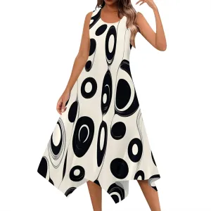 Women Casual Floral Print Summer Midi Dress Sleeveless Pleated T Shirt Sundress Hankerchief Hem Swing Tank Boho Beach Dresses
