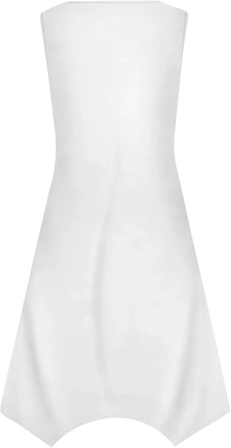 Women Casual Floral Print Summer Midi Dress Sleeveless Pleated T Shirt Sundress Hankerchief Hem Swing Tank Boho Beach Dresses
