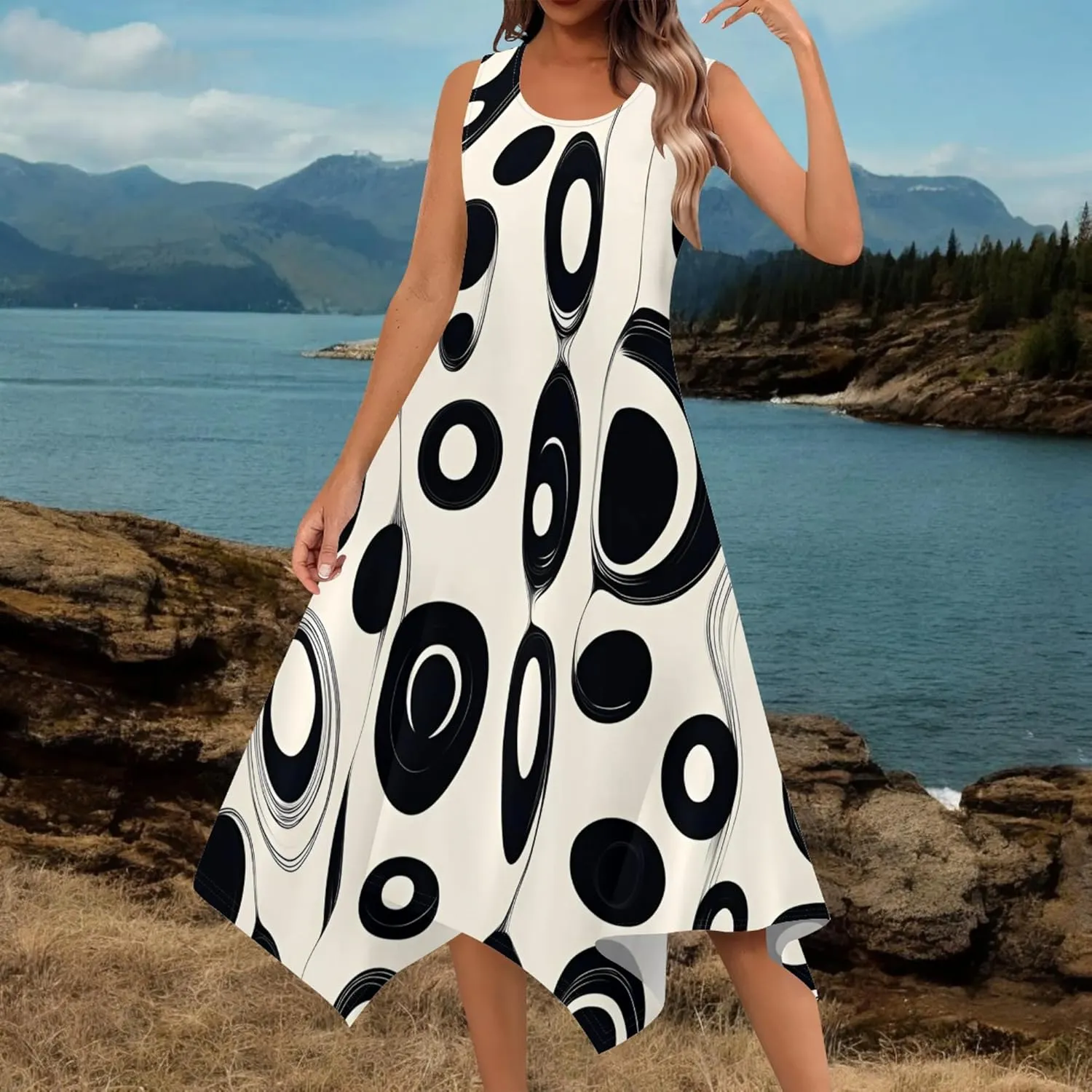Women Casual Floral Print Summer Midi Dress Sleeveless Pleated T Shirt Sundress Hankerchief Hem Swing Tank Boho Beach Dresses