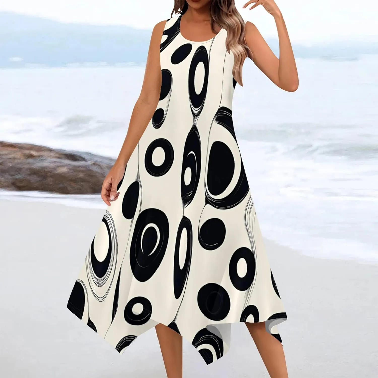 Women Casual Floral Print Summer Midi Dress Sleeveless Pleated T Shirt Sundress Hankerchief Hem Swing Tank Boho Beach Dresses
