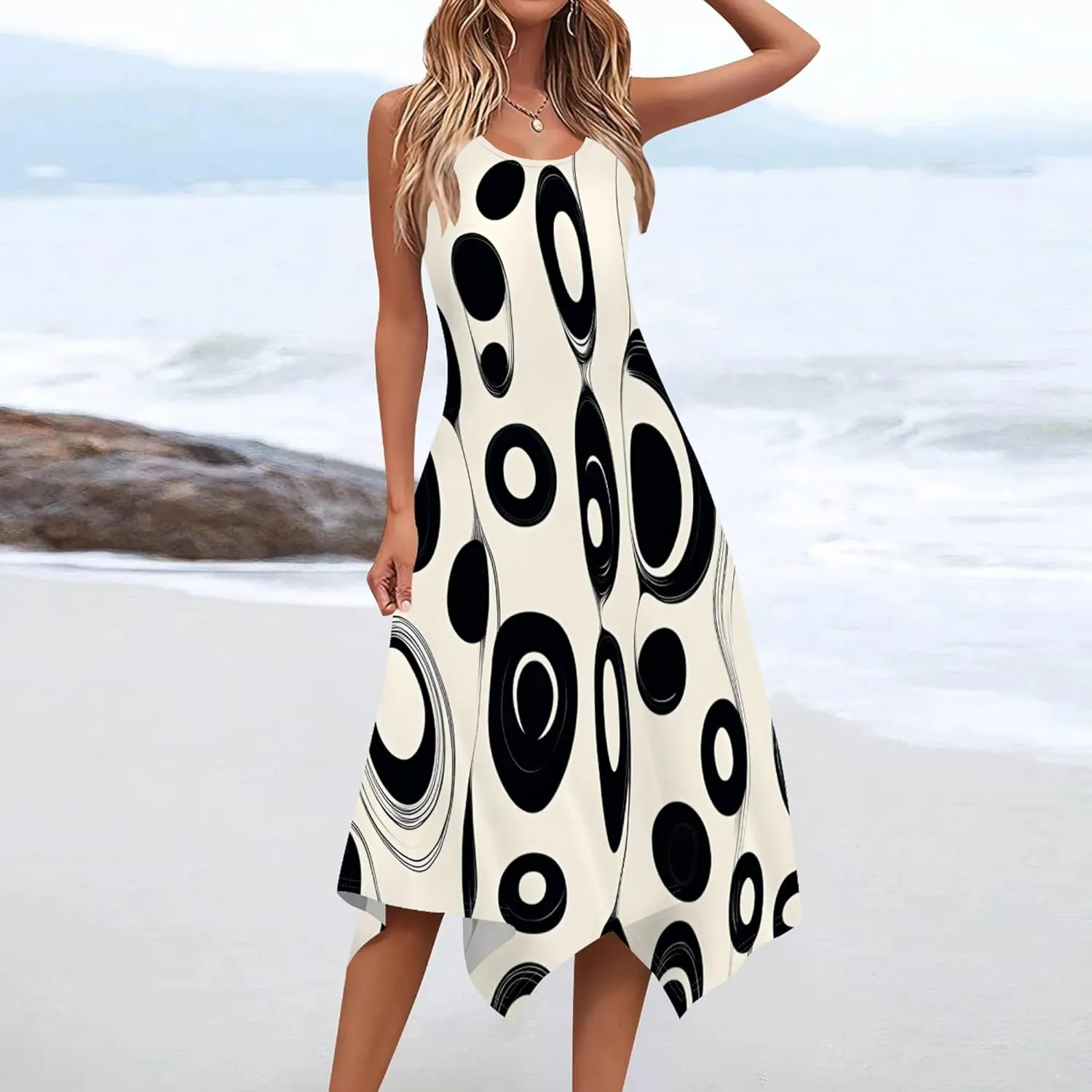 Women Casual Floral Print Summer Midi Dress Sleeveless Pleated T Shirt Sundress Hankerchief Hem Swing Tank Boho Beach Dresses