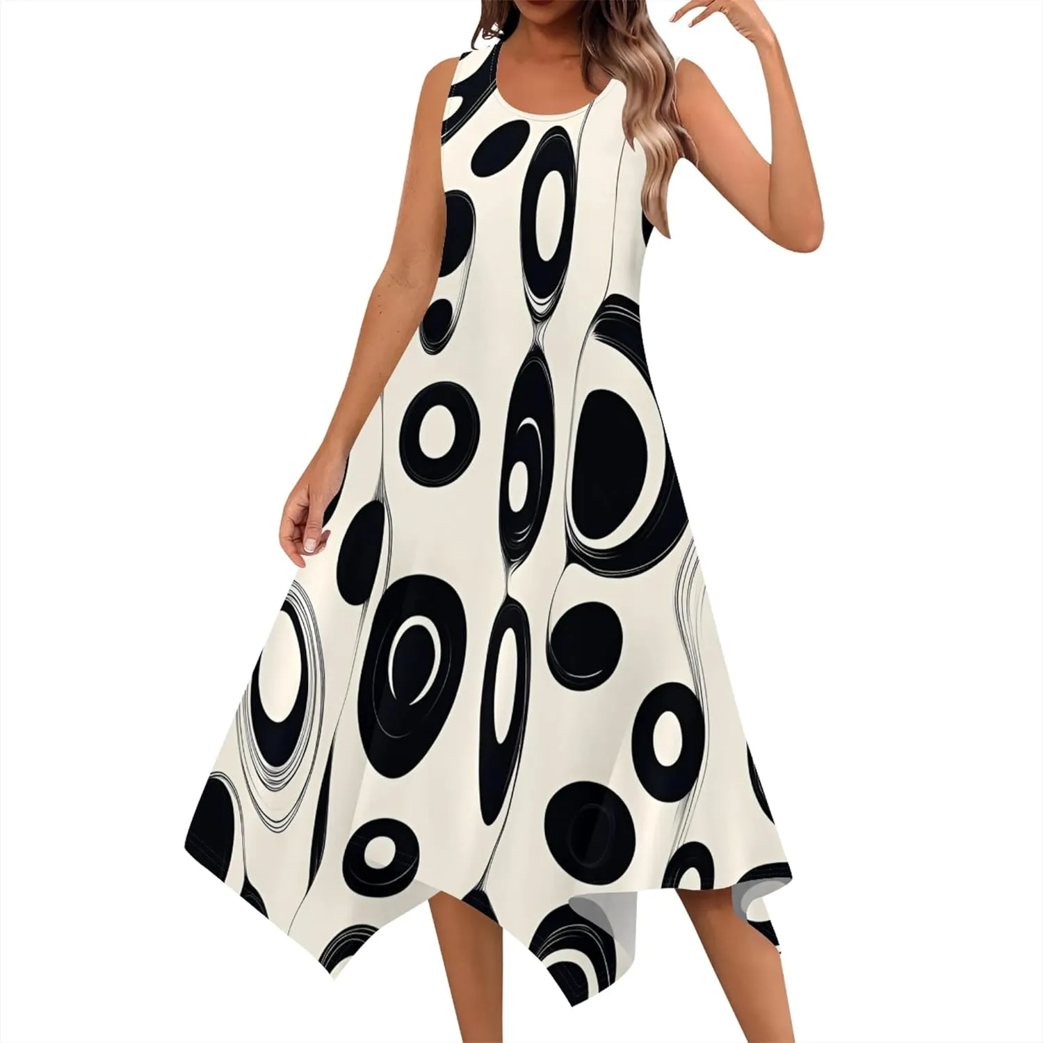 Women Casual Floral Print Summer Midi Dress Sleeveless Pleated T Shirt Sundress Hankerchief Hem Swing Tank Boho Beach Dresses
