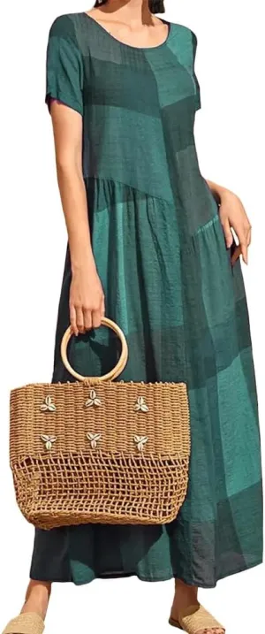 Women Casual Plaid Printed Stitching Dresses Vintage Loose Waist Pocket Long Dress Beach Simple Crewneck Dress