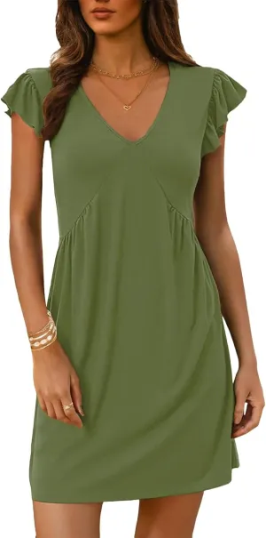 Women Casual Summer Dress Deep V Neck Ruffle Short Sleeve Loose Beach Sundress Cute Lounge Travel Vacation Mini Dress
