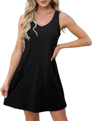 Women Casual Summer Dress Sleeveless Babydoll Eyelet Ruffle V Neck Mini Dress Oversized Loose Sundress with Pockets