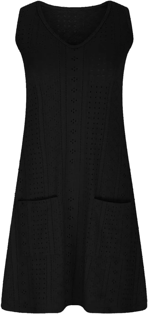 Women Casual Summer Dress Sleeveless Babydoll Eyelet Ruffle V Neck Mini Dress Oversized Loose Sundress with Pockets