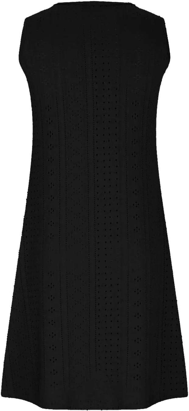 Women Casual Summer Dress Sleeveless Babydoll Eyelet Ruffle V Neck Mini Dress Oversized Loose Sundress with Pockets