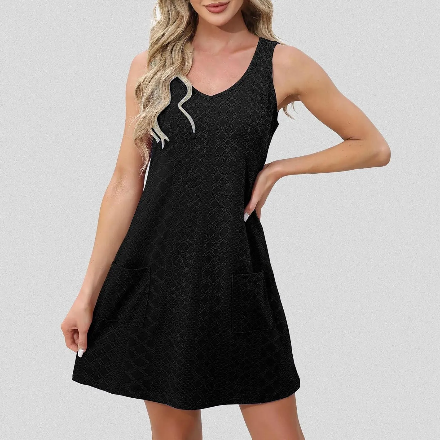 Women Casual Summer Dress Sleeveless Babydoll Eyelet Ruffle V Neck Mini Dress Oversized Loose Sundress with Pockets