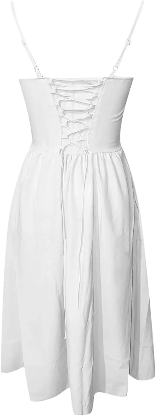 Women Corset Dress Sexy Spaghetti Strap Bustier Midi Dress Low Cut Flowy Pleated Hem Elegant Formal Dresses with Pockets