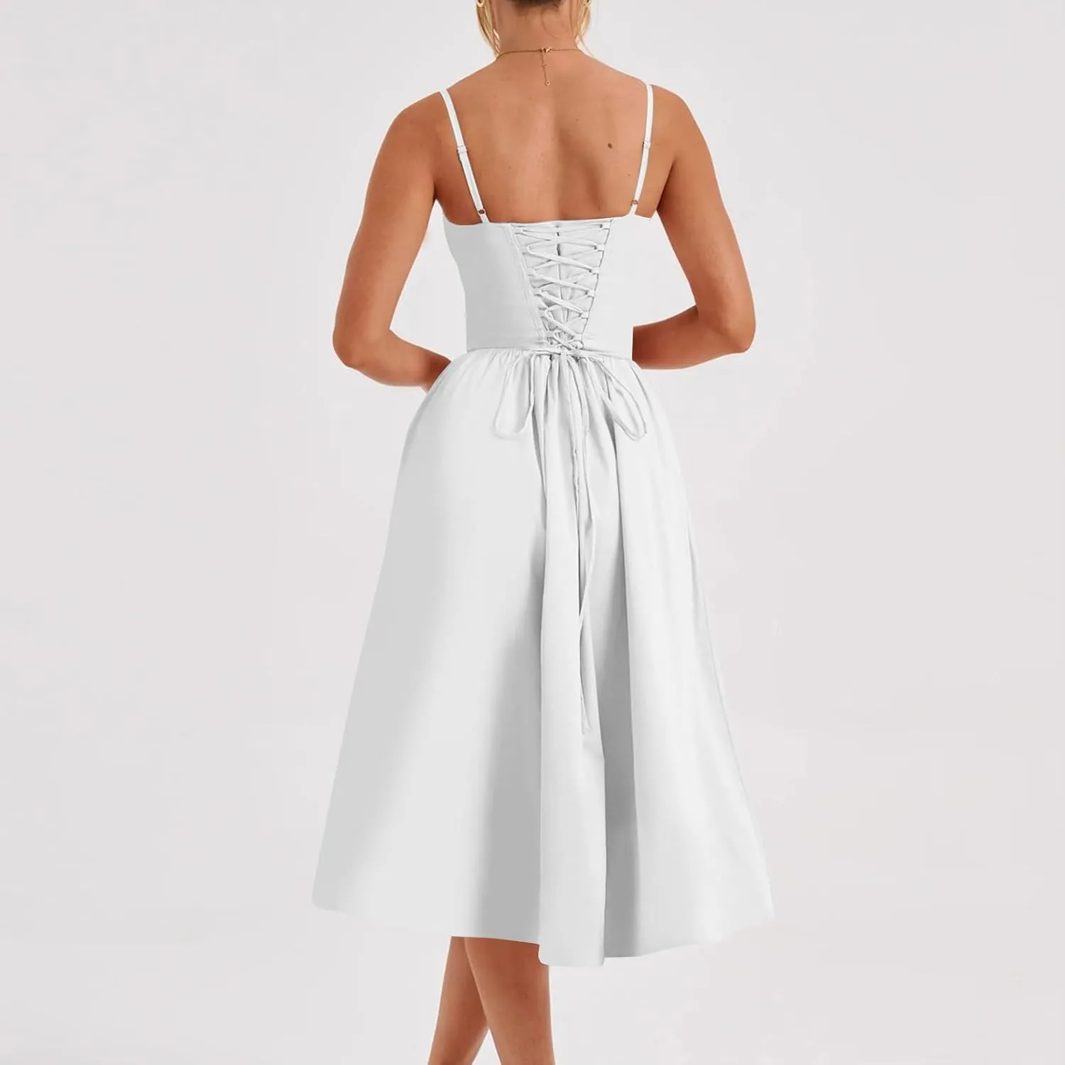 Women Corset Dress Sexy Spaghetti Strap Bustier Midi Dress Low Cut Flowy Pleated Hem Elegant Formal Dresses with Pockets