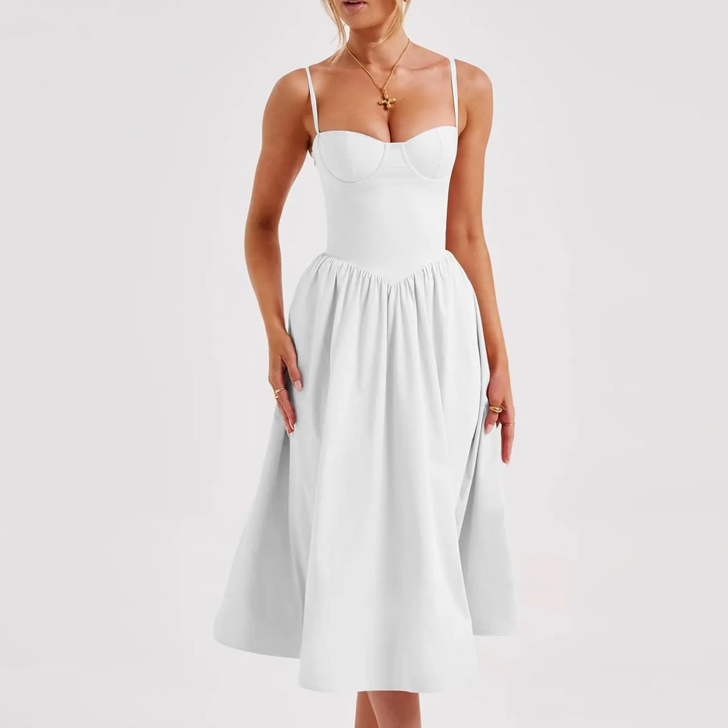 Women Corset Dress Sexy Spaghetti Strap Bustier Midi Dress Low Cut Flowy Pleated Hem Elegant Formal Dresses with Pockets