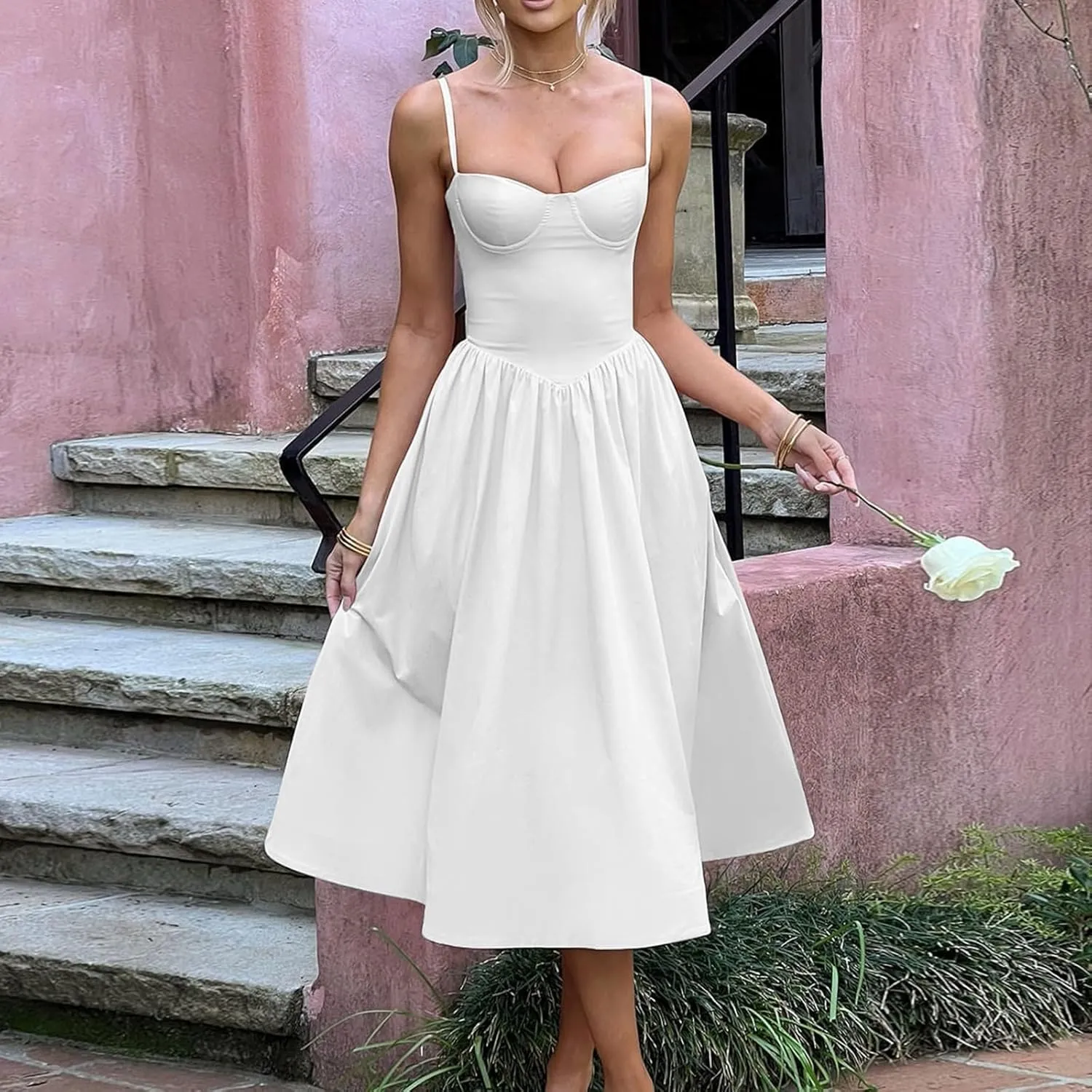 Women Corset Dress Sexy Spaghetti Strap Bustier Midi Dress Low Cut Flowy Pleated Hem Elegant Formal Dresses with Pockets