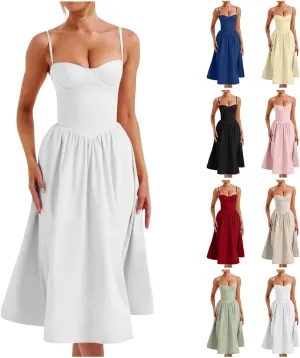 Women Corset Dress Sexy Spaghetti Strap Bustier Midi Dress Low Cut Flowy Pleated Hem Elegant Formal Dresses with Pockets
