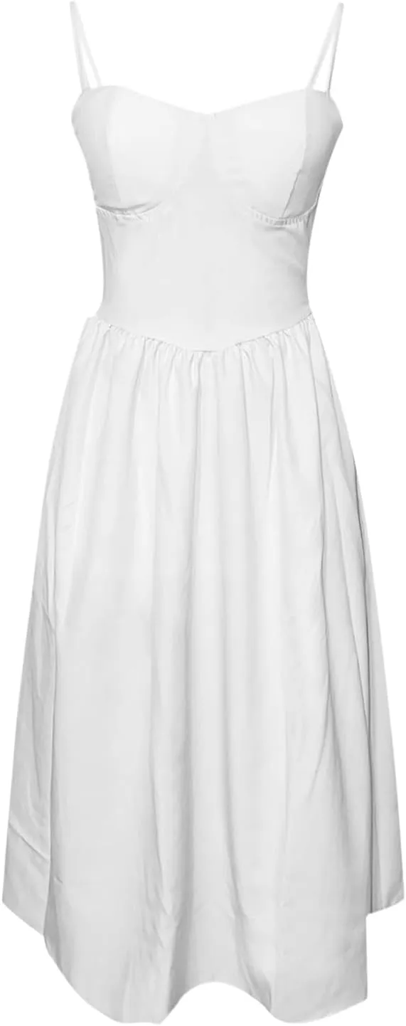 Women Corset Dress Sexy Spaghetti Strap Bustier Midi Dress Low Cut Flowy Pleated Hem Elegant Formal Dresses with Pockets