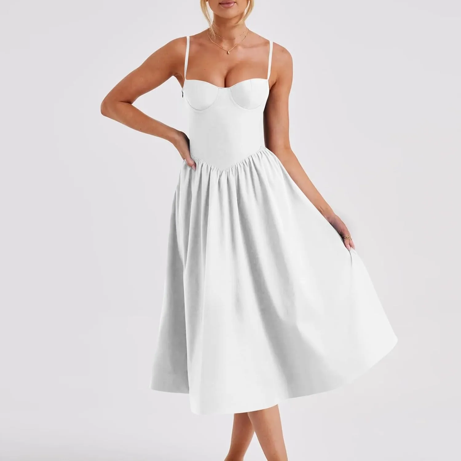 Women Corset Dress Sexy Spaghetti Strap Bustier Midi Dress Low Cut Flowy Pleated Hem Elegant Formal Dresses with Pockets