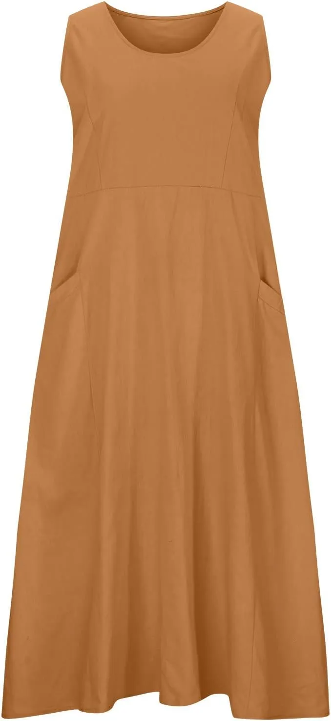 Women Cotton Linen Dresses 2024 Boho Casual Summer Maxi Dress Sleeveless Long Sundress Trendy Beach Vacation Clothing